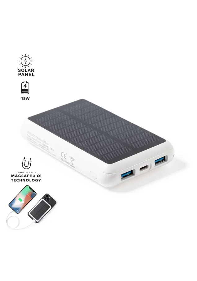 Power Bank Maddy Inalámbrico 15W. Magnético. 8000 mAh. Carga Solar. 2 Salidas USB y 1 Tipo C. Entrada Tipo C