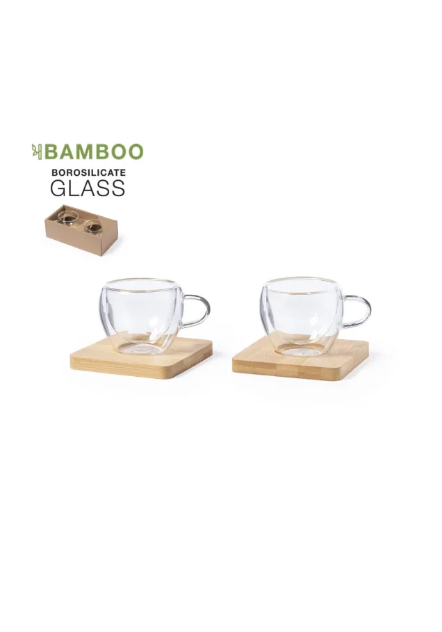 Set Tazas Gladen 2 Tazas Cristal Borosilicato 90 ml. 2 Posavasos Bambú