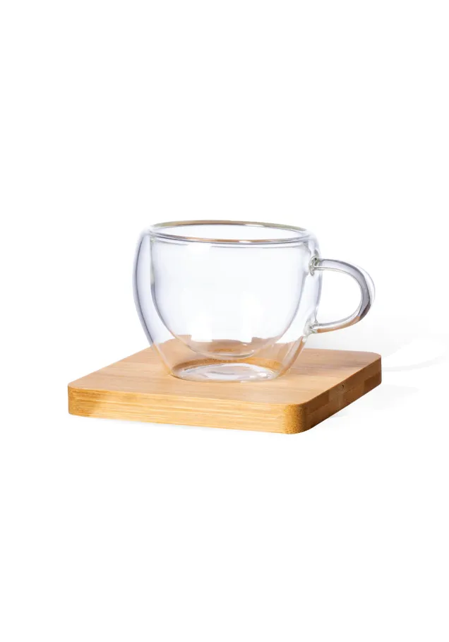 Set Tazas Gladen 2 Tazas Cristal Borosilicato 90 ml. 2 Posavasos Bambú